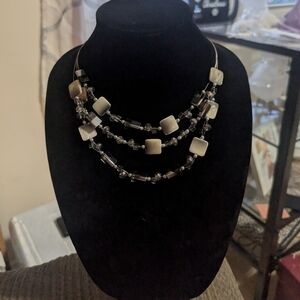 Multi-Strand Silvertone Wire Beaded Necklace Crystals Mother of Pearl & Hematite